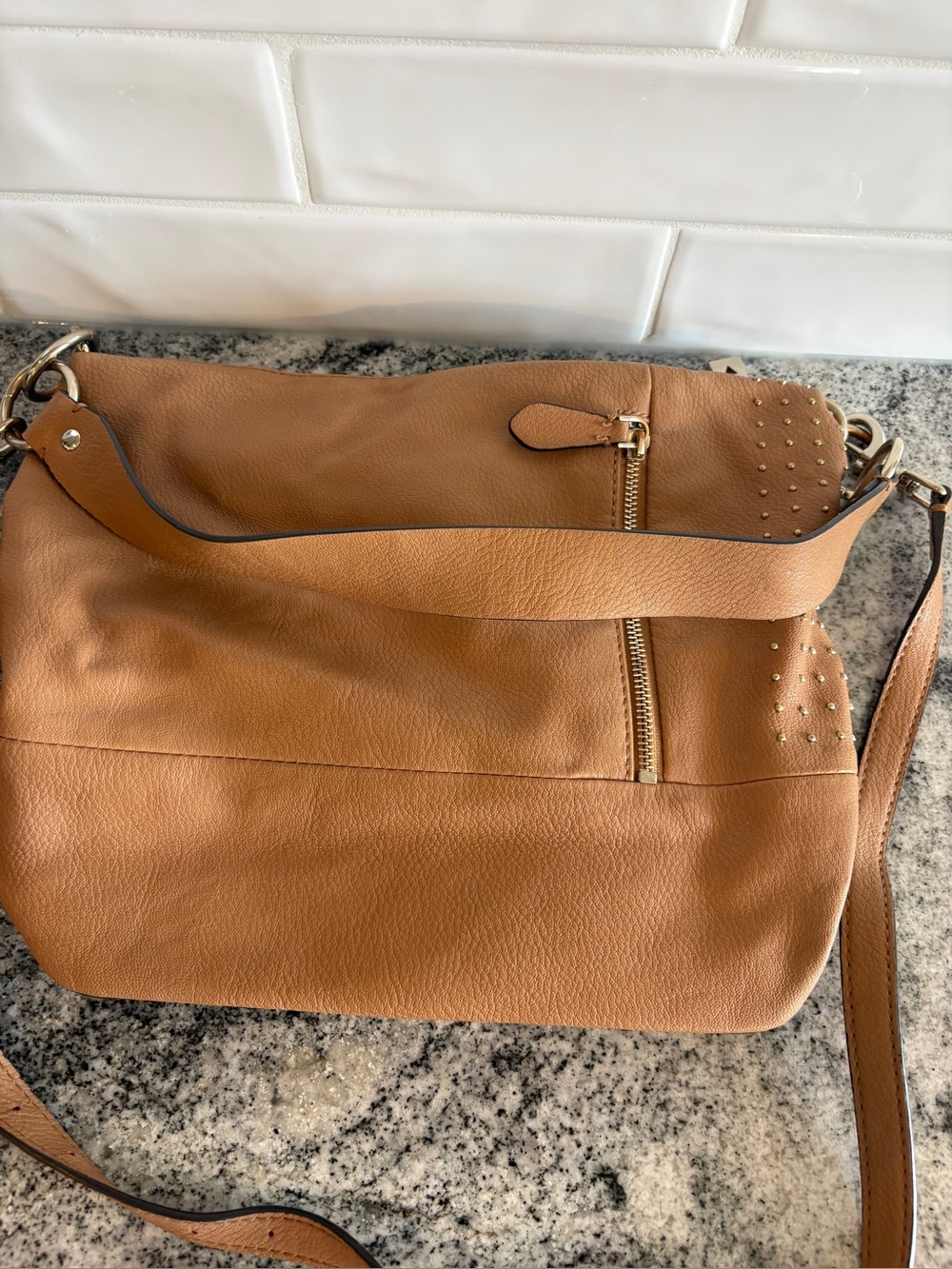 Guess Tan Leather Shoulder Bag with Stud Detailing